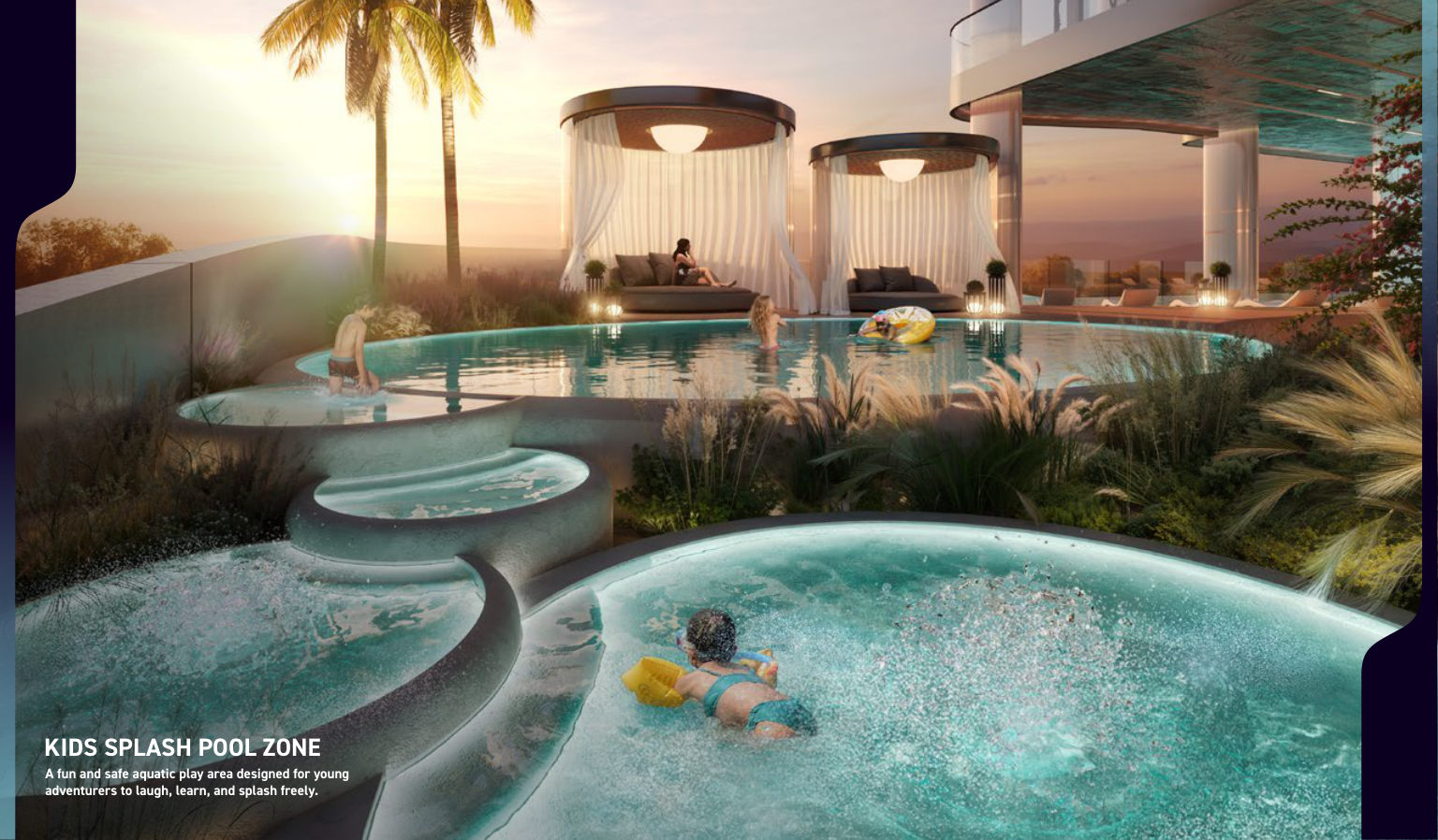 Sunset pool deck with private cabanas