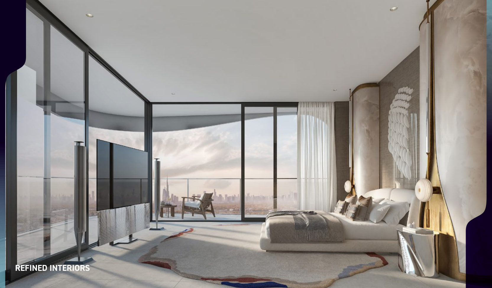 Bedroom with floor-to-ceiling windows and a Dubai skyline view