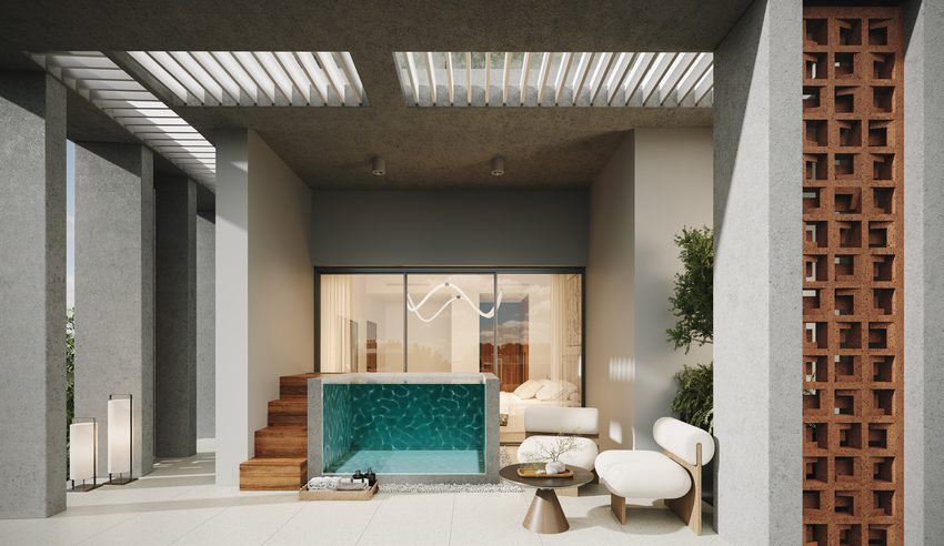 Corner residence terrace with a private hot tub