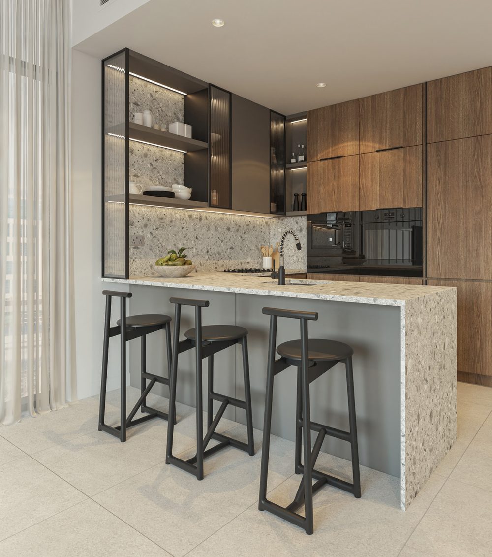 Quartz kitchen with breakfast bar and branded appliances