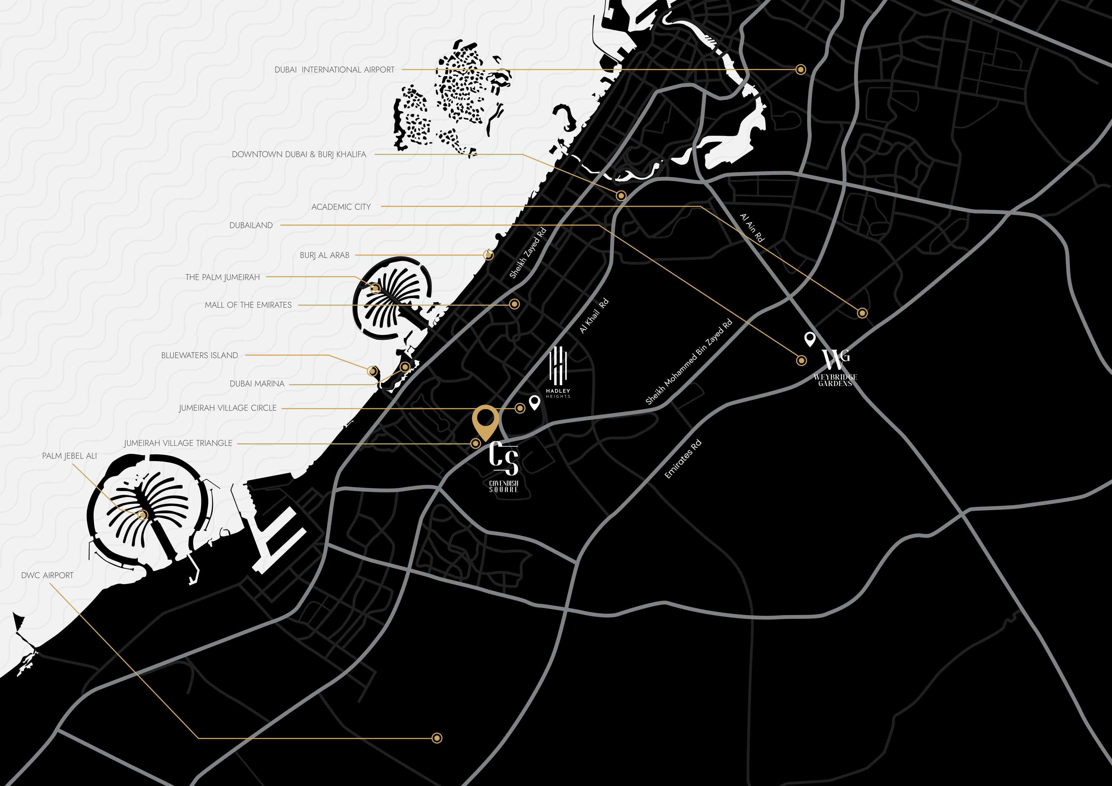 Map of Dubai showing the location in Jumeirah Village Triangle — minutes from Dubai Marina, Palm Jumeirah and Downtown Dubai