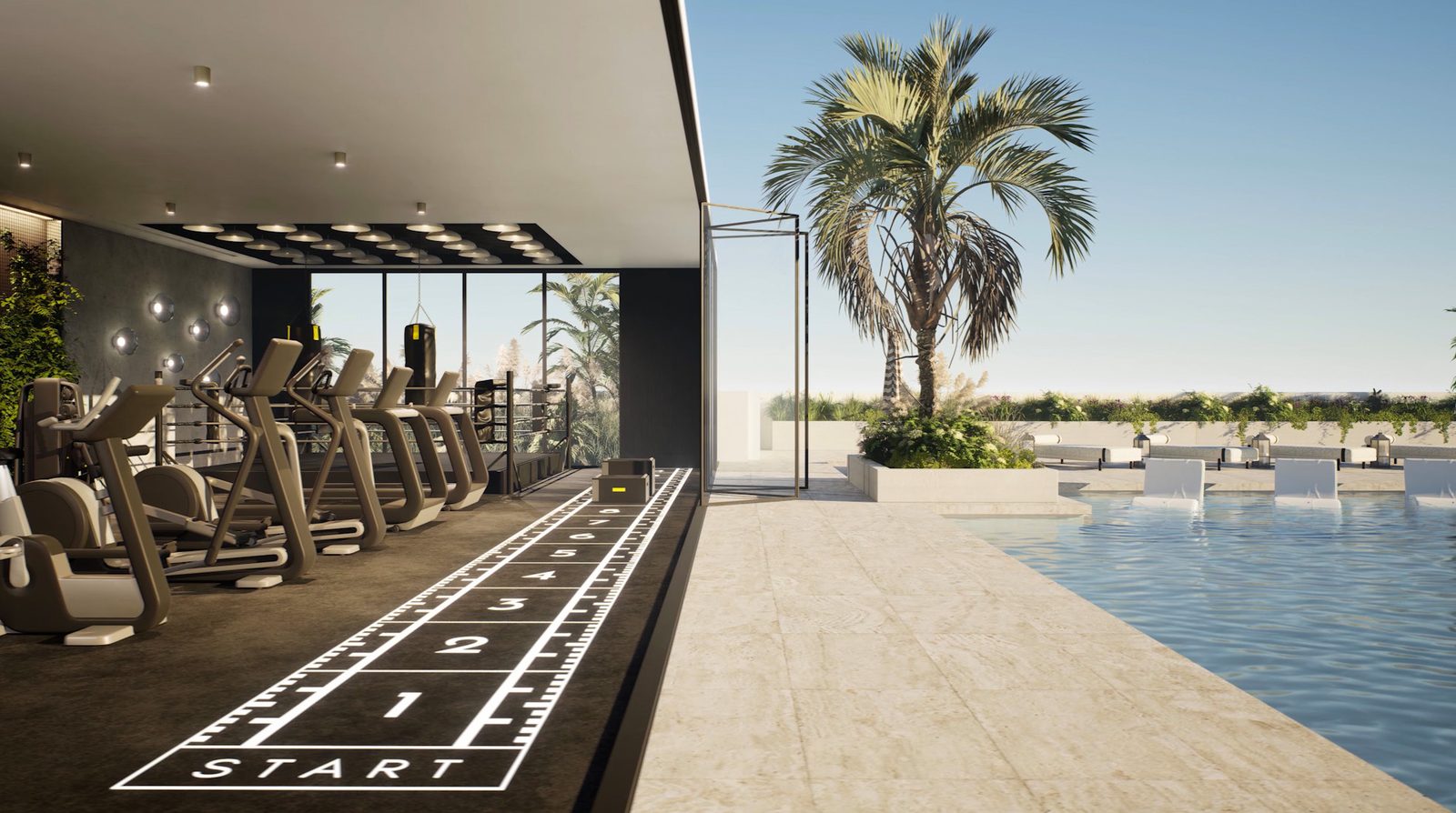Rooftop gym overlooking the swimming pool