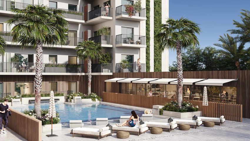 Apartment balconies overlooking the swimming pool