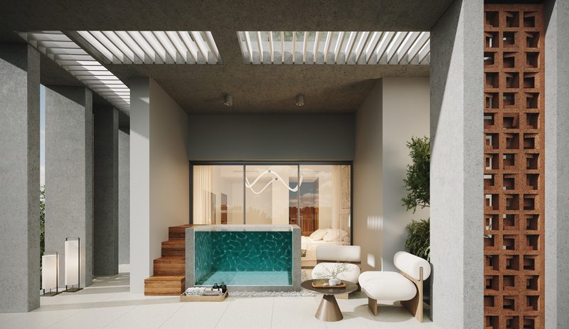 Private terrace with a hot tub