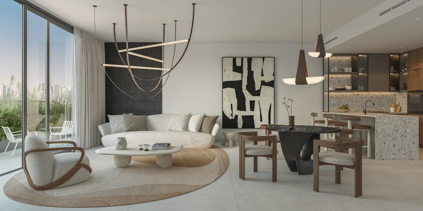 Open-plan living, dining and kitchen